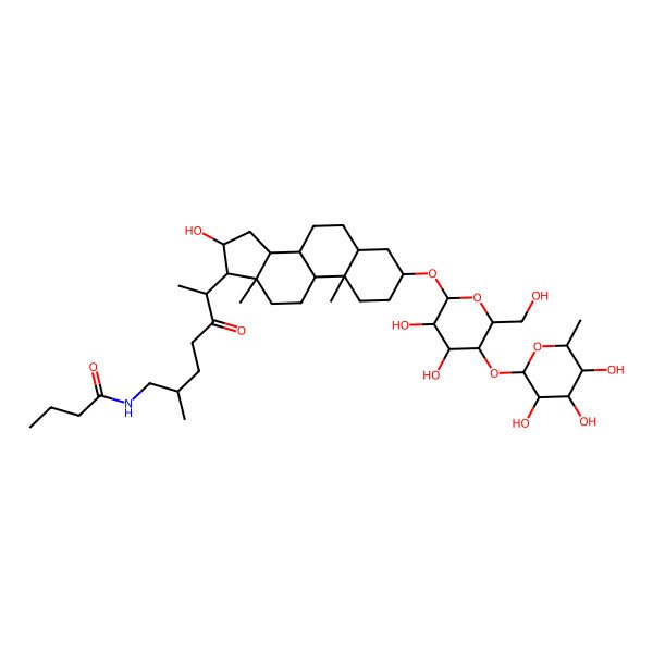 2D Structure of N-[(2S,6S)-6-[(3S,5S,8R,9S,10S,13S,14S,16R,17R)-3-[(2R,3R,4S,5S,6R)-3,4-dihydroxy-6-(hydroxymethyl)-5-[(2S,3R,4R,5R,6S)-3,4,5-trihydroxy-6-methyloxan-2-yl]oxyoxan-2-yl]oxy-16-hydroxy-10,13-dimethyl-2,3,4,5,6,7,8,9,11,12,14,15,16,17-tetradecahydro-1H-cyclopenta[a]phenanthren-17-yl]-2-methyl-5-oxoheptyl]butanamide