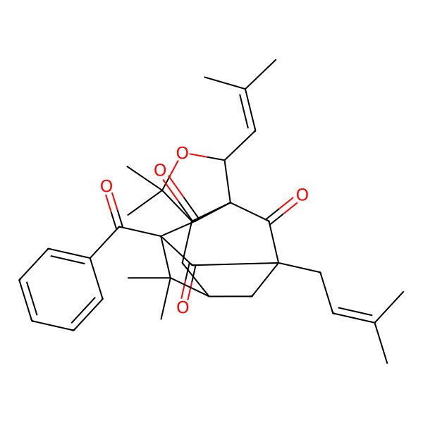 2D Structure of (1S,2S,5R,7R,9R,11S)-9-benzoyl-4,4,8,8-tetramethyl-11-(3-methylbut-2-enyl)-2-(2-methylprop-1-enyl)-3-oxatetracyclo[7.3.1.17,11.01,5]tetradecane-10,12,13-trione