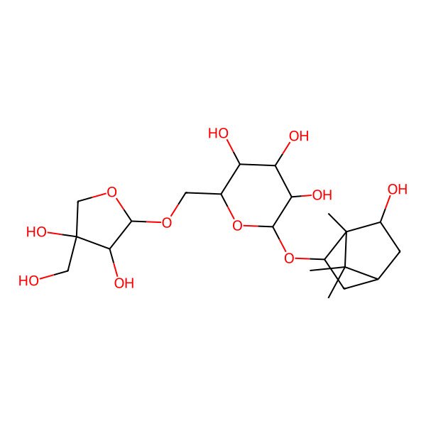 2D Structure of (2R,3S,4S,5R,6R)-2-[[(2R,3R,4R)-3,4-dihydroxy-4-(hydroxymethyl)oxolan-2-yl]oxymethyl]-6-[[(1R,2R,4S,6R)-6-hydroxy-1,7,7-trimethyl-2-bicyclo[2.2.1]heptanyl]oxy]oxane-3,4,5-triol
