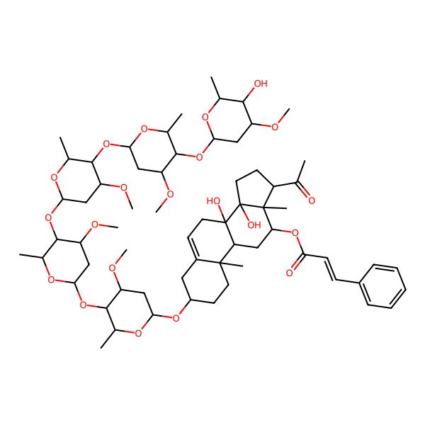 2D Structure of [17-acetyl-8,14-dihydroxy-3-[5-[5-[5-[5-(5-hydroxy-4-methoxy-6-methyloxan-2-yl)oxy-4-methoxy-6-methyloxan-2-yl]oxy-4-methoxy-6-methyloxan-2-yl]oxy-4-methoxy-6-methyloxan-2-yl]oxy-4-methoxy-6-methyloxan-2-yl]oxy-10,13-dimethyl-2,3,4,7,9,11,12,15,16,17-decahydro-1H-cyclopenta[a]phenanthren-12-yl] 3-phenylprop-2-enoate