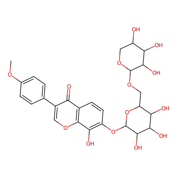 2D Structure of 8-hydroxy-3-(4-methoxyphenyl)-7-[(2S,3R,4S,5S,6R)-3,4,5-trihydroxy-6-[[(2S,3R,4S,5R)-3,4,5-trihydroxyoxan-2-yl]oxymethyl]oxan-2-yl]oxychromen-4-one