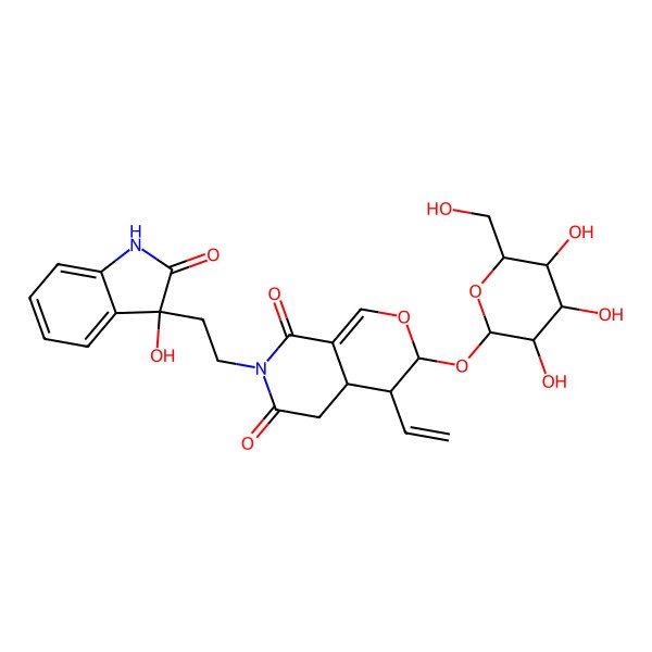 2D Structure of 4-ethenyl-7-[2-(3-hydroxy-2-oxo-1H-indol-3-yl)ethyl]-3-[3,4,5-trihydroxy-6-(hydroxymethyl)oxan-2-yl]oxy-3,4,4a,5-tetrahydropyrano[3,4-c]pyridine-6,8-dione