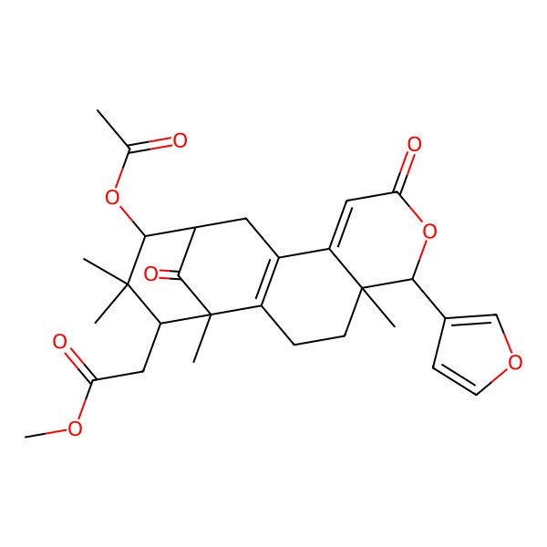 2D Structure of methyl 2-[(1R,5R,6R,13R,14R,16S)-14-acetyloxy-6-(furan-3-yl)-1,5,15,15-tetramethyl-8,17-dioxo-7-oxatetracyclo[11.3.1.02,11.05,10]heptadeca-2(11),9-dien-16-yl]acetate