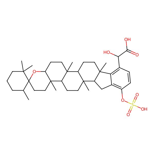 2D Structure of 2-[(1S,2R,3'R,5S,7R,10S,11R,14R,15S,23S)-1',1',2,3',10,14,23-heptamethyl-18-sulfooxyspiro[6-oxahexacyclo[12.11.0.02,11.05,10.015,23.017,22]pentacosa-17,19,21-triene-7,2'-cyclohexane]-21-yl]-2-hydroxyacetic acid