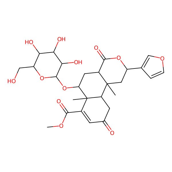 2D Structure of methyl (2S,4aS,6R,6aR,10aS,10bS)-2-(furan-3-yl)-6a,10b-dimethyl-4,9-dioxo-6-[(2R,3R,4S,5S,6R)-3,4,5-trihydroxy-6-(hydroxymethyl)oxan-2-yl]oxy-2,4a,5,6,10,10a-hexahydro-1H-benzo[f]isochromene-7-carboxylate