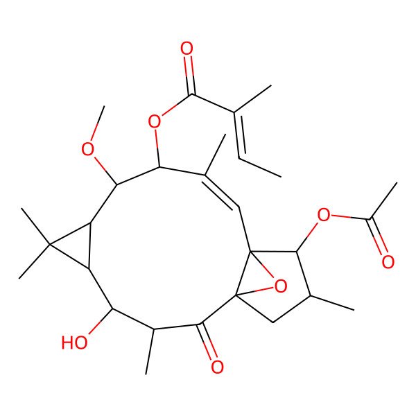 2D Structure of (13-Acetyloxy-4-hydroxy-8-methoxy-3,6,6,10,14-pentamethyl-2-oxo-16-oxatetracyclo[10.3.1.01,12.05,7]hexadec-10-en-9-yl) 2-methylbut-2-enoate
