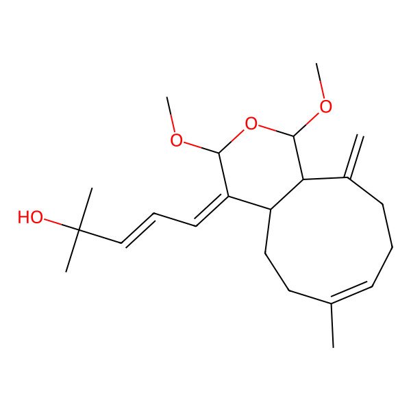 2D Structure of 5-(1,3-dimethoxy-7-methyl-11-methylidene-4a,5,6,9,10,11a-hexahydro-1H-cyclonona[c]pyran-4-ylidene)-2-methylpent-3-en-2-ol