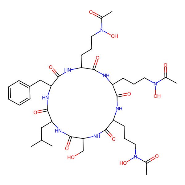 2D Structure of N-[3-[5,17-bis[3-[acetyl(hydroxy)amino]propyl]-14-benzyl-8-(hydroxymethyl)-11-(2-methylpropyl)-3,6,9,12,15,18-hexaoxo-1,4,7,10,13,16-hexazacyclooctadec-2-yl]propyl]-N-hydroxyacetamide