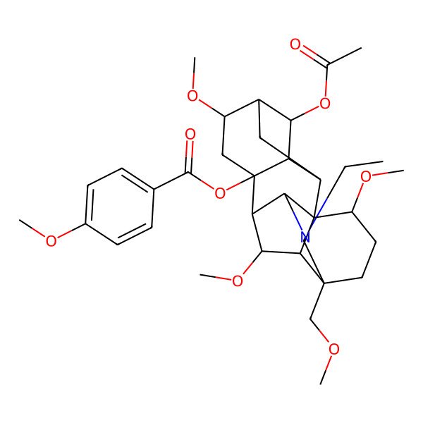 2D Structure of [(1S,2R,3R,4S,5R,6S,8R,9R,10R,13S,16S,17R,18R)-4-acetyloxy-11-ethyl-6,16,18-trimethoxy-13-(methoxymethyl)-11-azahexacyclo[7.7.2.12,5.01,10.03,8.013,17]nonadecan-8-yl] 4-methoxybenzoate