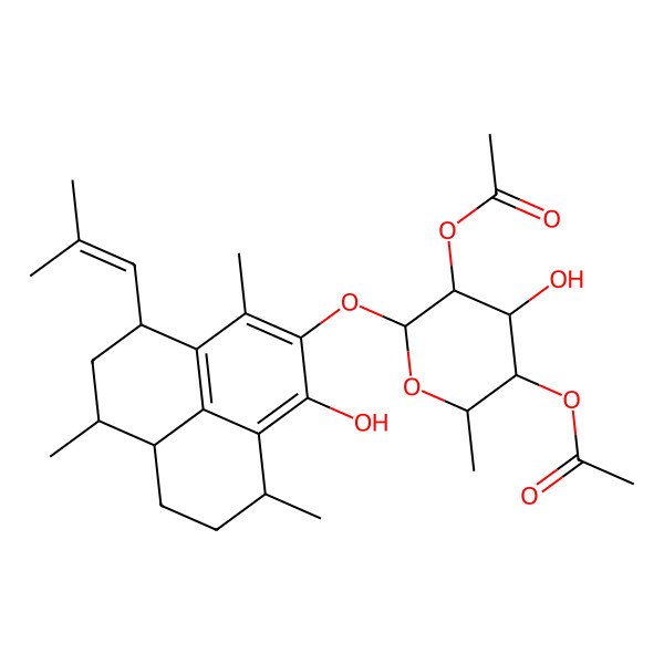 2D Structure of [(2S,3S,4R,5S,6S)-5-acetyloxy-6-[[(4S,6S,6aR,9S)-1-hydroxy-3,6,9-trimethyl-4-(2-methylprop-1-enyl)-5,6,6a,7,8,9-hexahydro-4H-phenalen-2-yl]oxy]-4-hydroxy-2-methyloxan-3-yl] acetate