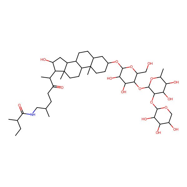 2D Structure of (2R)-N-[(2R,6S)-6-[(3S,5S,8R,9S,10S,13S,14S,16R,17R)-3-[(2R,3R,4S,5S,6R)-5-[(2S,3R,4R,5R,6S)-4,5-dihydroxy-6-methyl-3-[(2S,3R,4S,5R)-3,4,5-trihydroxyoxan-2-yl]oxyoxan-2-yl]oxy-3,4-dihydroxy-6-(hydroxymethyl)oxan-2-yl]oxy-16-hydroxy-10,13-dimethyl-2,3,4,5,6,7,8,9,11,12,14,15,16,17-tetradecahydro-1H-cyclopenta[a]phenanthren-17-yl]-2-methyl-5-oxoheptyl]-2-methylbutanamide