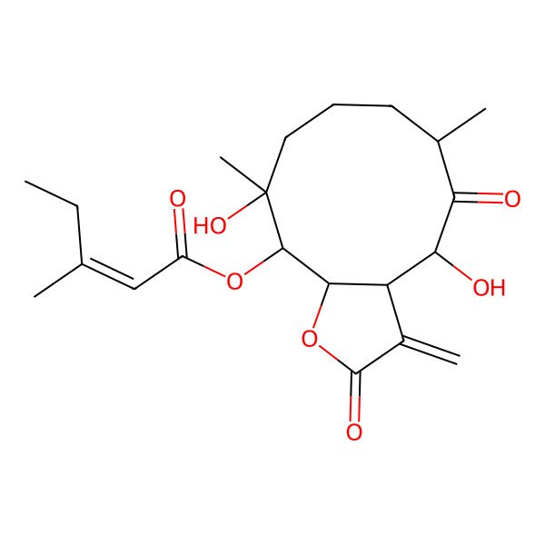 2D Structure of (4,10-Dihydroxy-6,10-dimethyl-3-methylidene-2,5-dioxo-3a,4,6,7,8,9,11,11a-octahydrocyclodeca[b]furan-11-yl) 3-methylpent-2-enoate