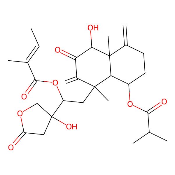 2D Structure of [(1R)-2-[(1S,4S,4aS,8S,8aS)-4-hydroxy-1,4a-dimethyl-2,5-dimethylidene-8-(2-methylpropanoyloxy)-3-oxo-6,7,8,8a-tetrahydro-4H-naphthalen-1-yl]-1-[(3S)-3-hydroxy-5-oxooxolan-3-yl]ethyl] (E)-2-methylbut-2-enoate