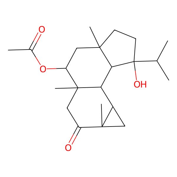 2D Structure of (3-Hydroxy-6,9,12-trimethyl-11-oxo-3-propan-2-yl-8-tetracyclo[7.5.0.02,6.012,14]tetradecanyl) acetate