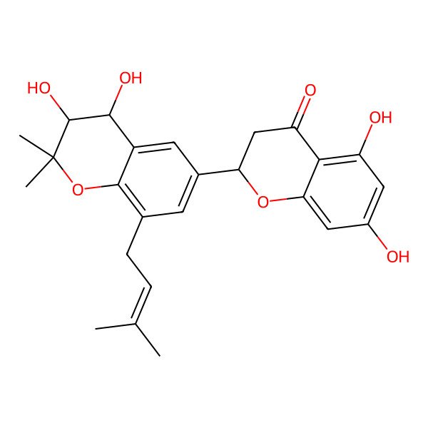 2D Structure of (2S)-2-[(3S,4S)-3,4-dihydroxy-2,2-dimethyl-8-(3-methylbut-2-enyl)-3,4-dihydrochromen-6-yl]-5,7-dihydroxy-2,3-dihydrochromen-4-one