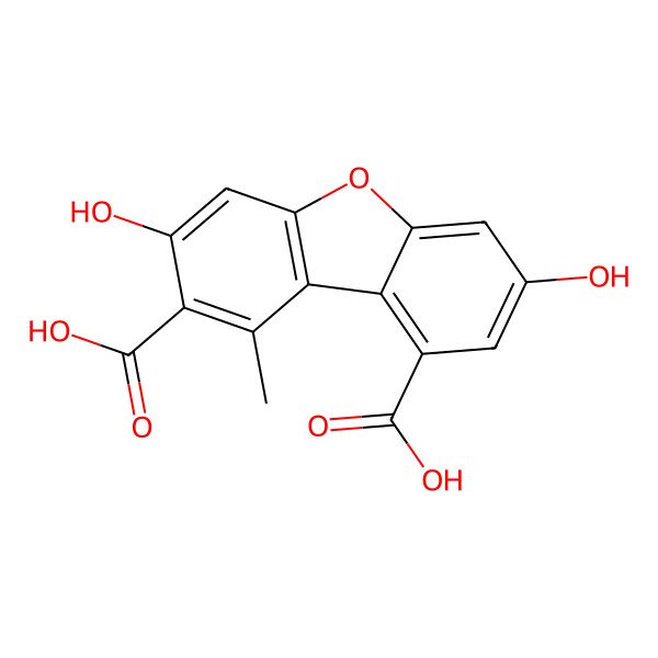 2D Structure of 3,7-Dihydroxy-1-methyldibenzofuran-2,9-dicarboxylic acid