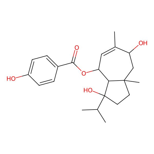 2D Structure of (3,7-Dihydroxy-6,8a-dimethyl-3-propan-2-yl-1,2,3a,4,7,8-hexahydroazulen-4-yl) 4-hydroxybenzoate 2D Structure of (3,7-Dihydroxy-6,8a-dimethyl-3-propan-2-yl-1,2,3a,4,7,8-hexahydroazulen-4-yl) 4-hydroxybenzoate