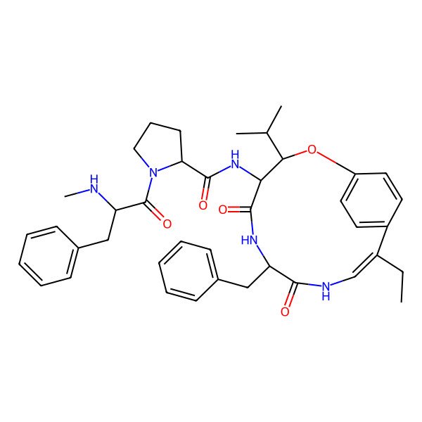 2D Structure of (2S)-N-[(3S,4S,7R,10Z)-7-benzyl-11-ethyl-5,8-dioxo-3-propan-2-yl-2-oxa-6,9-diazabicyclo[10.2.2]hexadeca-1(14),10,12,15-tetraen-4-yl]-1-[(2S)-2-(methylamino)-3-phenylpropanoyl]pyrrolidine-2-carboxamide