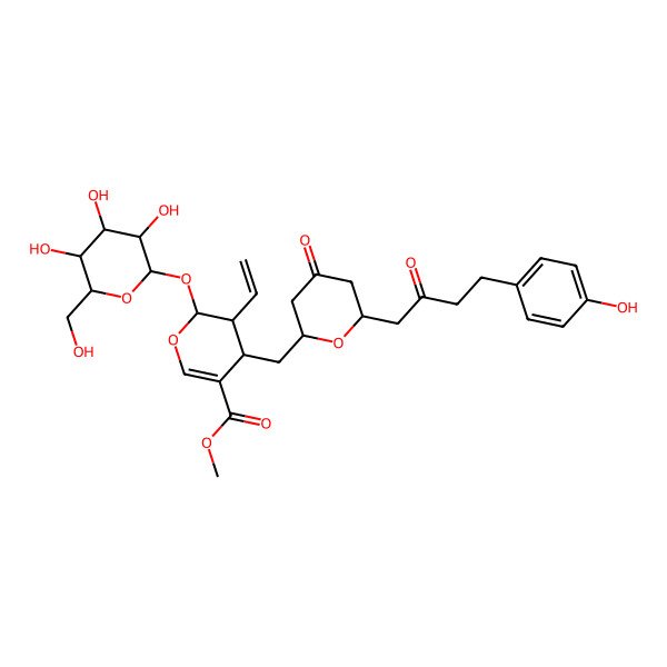 2D Structure of methyl (2S,3R,4S)-3-ethenyl-4-[[(2S,6S)-6-[4-(4-hydroxyphenyl)-2-oxobutyl]-4-oxooxan-2-yl]methyl]-2-[(2S,3R,4S,5S,6R)-3,4,5-trihydroxy-6-(hydroxymethyl)oxan-2-yl]oxy-3,4-dihydro-2H-pyran-5-carboxylate