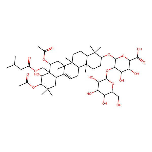 2D Structure of (2S,3S,4S,5R,6R)-6-[[(3S,4aR,6aR,6bS,8R,8aS,9R,10R,12aS,14aR,14bR)-8,10-diacetyloxy-9-hydroxy-4,4,6a,6b,11,11,14b-heptamethyl-8a-(3-methylbutanoyloxymethyl)-1,2,3,4a,5,6,7,8,9,10,12,12a,14,14a-tetradecahydropicen-3-yl]oxy]-3,4-dihydroxy-5-[(2S,3R,4S,5R,6R)-3,4,5-trihydroxy-6-(hydroxymethyl)oxan-2-yl]oxyoxane-2-carboxylic acid