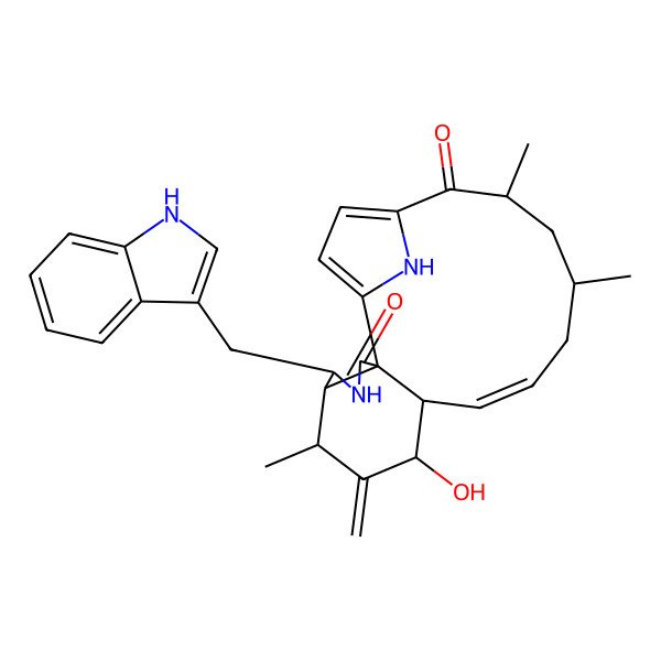 2D Structure of 9-hydroxy-5-(1H-indol-3-ylmethyl)-7,14,16-trimethyl-8-methylidene-4,21-diazatetracyclo[16.2.1.02,6.02,10]henicosa-1(20),11,18-triene-3,17-dione