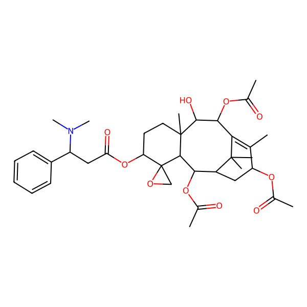 2D Structure of [(1'R,2R,2'R,3'R,5'S,8'R,9'R,10'R,13'S)-2',10',13'-triacetyloxy-9'-hydroxy-8',12',15',15'-tetramethylspiro[oxirane-2,4'-tricyclo[9.3.1.03,8]pentadec-11-ene]-5'-yl] (3R)-3-(dimethylamino)-3-phenylpropanoate