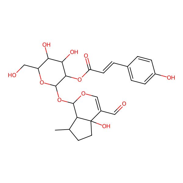 2D Structure of [(2S,3R,4S,5S,6R)-2-[[(1S,4aR,7R,7aR)-4-formyl-4a-hydroxy-7-methyl-5,6,7,7a-tetrahydro-1H-cyclopenta[c]pyran-1-yl]oxy]-4,5-dihydroxy-6-(hydroxymethyl)oxan-3-yl] (E)-3-(4-hydroxyphenyl)prop-2-enoate