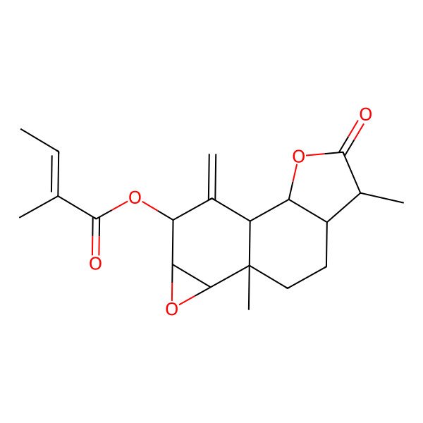 2D Structure of (5,9-Dimethyl-14-methylidene-4-oxo-3,11-dioxatetracyclo[7.5.0.02,6.010,12]tetradecan-13-yl) 2-methylbut-2-enoate