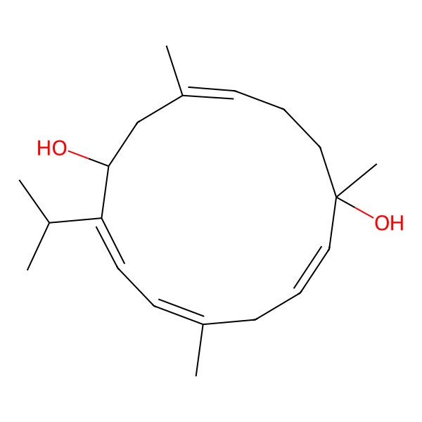 2D Structure of 3,7,11-Trimethyl-14-propan-2-ylcyclotetradeca-3,8,11,13-tetraene-1,7-diol