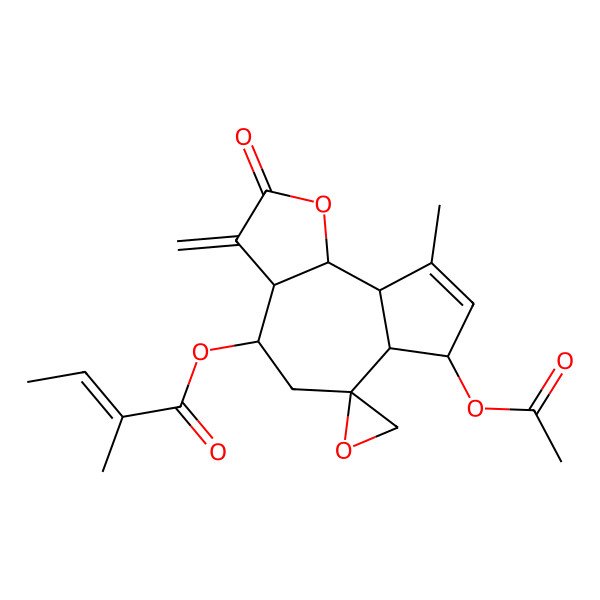 2D Structure of (7-acetyloxy-9-methyl-3-methylidene-2-oxospiro[4,5,6a,7,9a,9b-hexahydro-3aH-azuleno[4,5-b]furan-6,2'-oxirane]-4-yl) 2-methylbut-2-enoate