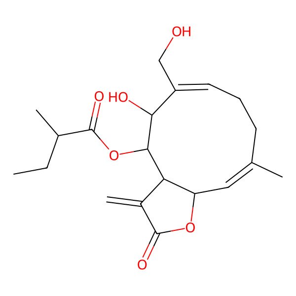 2D Structure of [(3aS,4S,5R,6E,10E,11aR)-5-hydroxy-6-(hydroxymethyl)-10-methyl-3-methylidene-2-oxo-3a,4,5,8,9,11a-hexahydrocyclodeca[b]furan-4-yl] (2R)-2-methylbutanoate