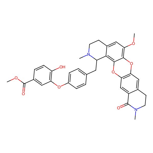 2D Structure of Methyl 4-hydroxy-3-[4-[(11-methoxy-6,19-dimethyl-20-oxo-2,13-dioxa-6,19-diazapentacyclo[12.8.0.03,12.04,9.016,21]docosa-1(14),3,9,11,15,21-hexaen-5-yl)methyl]phenoxy]benzoate