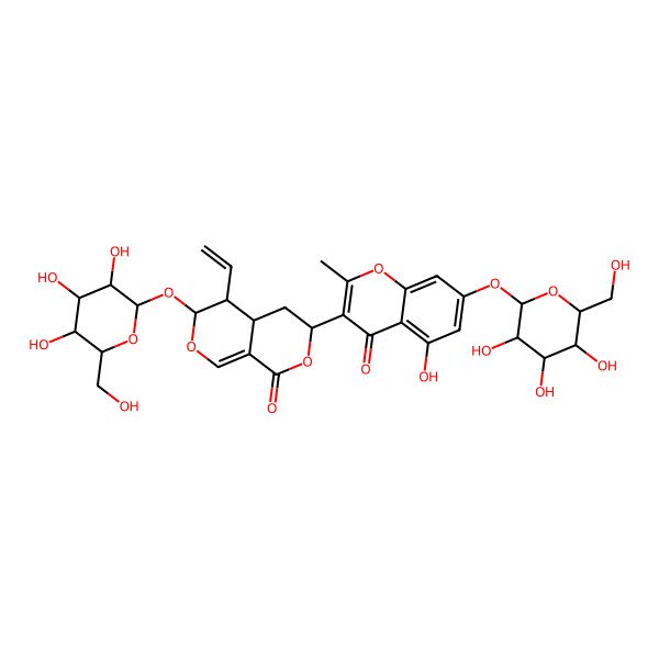 2D Structure of (3R,4aS,5R,6S)-5-ethenyl-3-[5-hydroxy-2-methyl-4-oxo-7-[(2S,3R,4S,5S,6R)-3,4,5-trihydroxy-6-(hydroxymethyl)oxan-2-yl]oxychromen-3-yl]-6-[(2S,3R,4S,5S,6R)-3,4,5-trihydroxy-6-(hydroxymethyl)oxan-2-yl]oxy-4,4a,5,6-tetrahydro-3H-pyrano[3,4-c]pyran-1-one