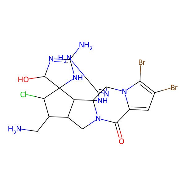 2D Structure of (1'R,4R,5R,5'S,14'R,15'S,16'R,18'S)-2,3'-diamino-15'-(aminomethyl)-7',8'-dibromo-16'-chloro-4-hydroxyspiro[1,4-dihydroimidazole-5,17'-2,4,6,12-tetrazapentacyclo[10.6.0.01,5.06,10.014,18]octadeca-3,7,9-triene]-11'-one