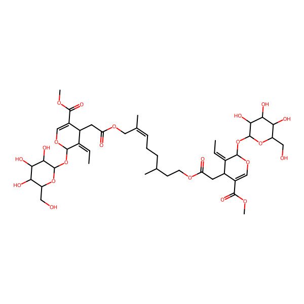 2D Structure of methyl (4S,5E,6S)-5-ethylidene-4-[2-[(E)-8-[2-[(2S,3E,4S)-3-ethylidene-5-methoxycarbonyl-2-[(2S,3R,4S,5S,6R)-3,4,5-trihydroxy-6-(hydroxymethyl)oxan-2-yl]oxy-4H-pyran-4-yl]acetyl]oxy-3,7-dimethyloct-6-enoxy]-2-oxoethyl]-6-[(2S,3R,4S,5S,6R)-3,4,5-trihydroxy-6-(hydroxymethyl)oxan-2-yl]oxy-4H-pyran-3-carboxylate