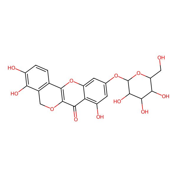 2D Structure of 3,4,8-trihydroxy-10-[3,4,5-trihydroxy-6-(hydroxymethyl)oxan-2-yl]oxy-5H-isochromeno[4,3-b]chromen-7-one