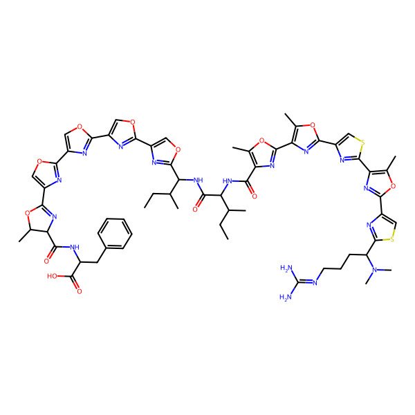 2D Structure of 2-[[2-[2-[2-[2-[2-[1-[[2-[[2-[2-[2-[2-[2-[4-(Diaminomethylideneamino)-1-(dimethylamino)butyl]-1,3-thiazol-4-yl]-5-methyl-1,3-oxazol-4-yl]-1,3-thiazol-4-yl]-5-methyl-1,3-oxazol-4-yl]-5-methyl-1,3-oxazole-4-carbonyl]amino]-3-methylpentanoyl]amino]-2-methylbutyl]-1,3-oxazol-4-yl]-1,3-oxazol-4-yl]-1,3-oxazol-4-yl]-1,3-oxazol-4-yl]-5-methyl-4,5-dihydro-1,3-oxazole-4-carbonyl]amino]-3-phenylpropanoic acid