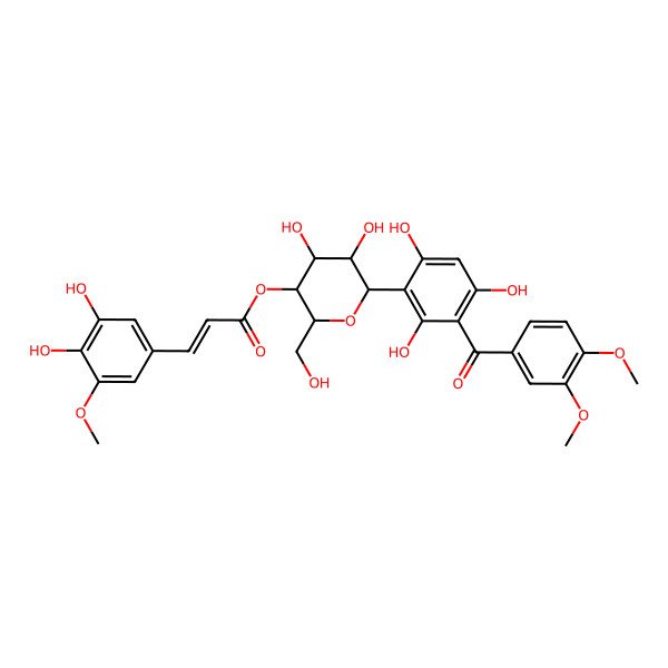 2D Structure of [(2R,3S,4R,5R,6S)-6-[3-(3,4-dimethoxybenzoyl)-2,4,6-trihydroxyphenyl]-4,5-dihydroxy-2-(hydroxymethyl)oxan-3-yl] (E)-3-(3,4-dihydroxy-5-methoxyphenyl)prop-2-enoate