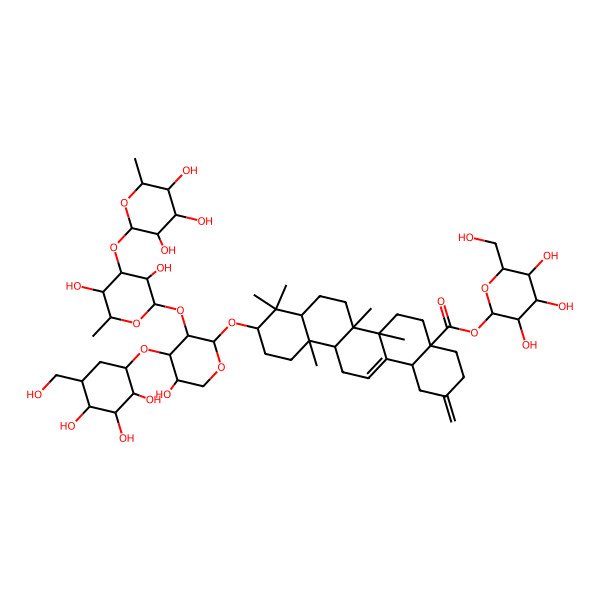 2D Structure of [(2S,3R,4S,5S,6R)-3,4,5-trihydroxy-6-(hydroxymethyl)oxan-2-yl] (4aS,6aR,6aS,6bR,8aR,10S,12aR,14bS)-10-[(2S,3R,4S,5S)-3-[(2S,3S,4S,5R,6R)-3,5-dihydroxy-6-methyl-4-[(2S,3S,4S,5S,6R)-3,4,5-trihydroxy-6-methyloxan-2-yl]oxyoxan-2-yl]oxy-5-hydroxy-4-[(1R,2R,3S,4R,5R)-2,3,4-trihydroxy-5-(hydroxymethyl)cyclohexyl]oxyoxan-2-yl]oxy-6a,6b,9,9,12a-pentamethyl-2-methylidene-1,3,4,5,6,6a,7,8,8a,10,11,12,13,14b-tetradecahydropicene-4a-carboxylate