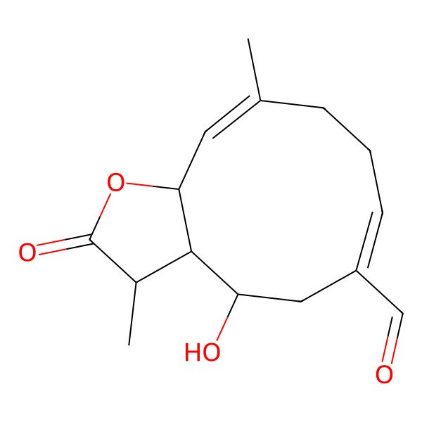 2D Structure of (3R,3aR,4R,6E,10E,11aR)-4-hydroxy-3,10-dimethyl-2-oxo-3a,4,5,8,9,11a-hexahydro-3H-cyclodeca[b]furan-6-carbaldehyde