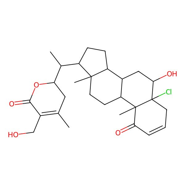 2D Structure of (2R)-2-[(1S)-1-[(5R,6R,8S,9S,10S,13S,14S,17R)-5-chloro-6-hydroxy-10,13-dimethyl-1-oxo-6,7,8,9,11,12,14,15,16,17-decahydro-4H-cyclopenta[a]phenanthren-17-yl]ethyl]-5-(hydroxymethyl)-4-methyl-2,3-dihydropyran-6-one