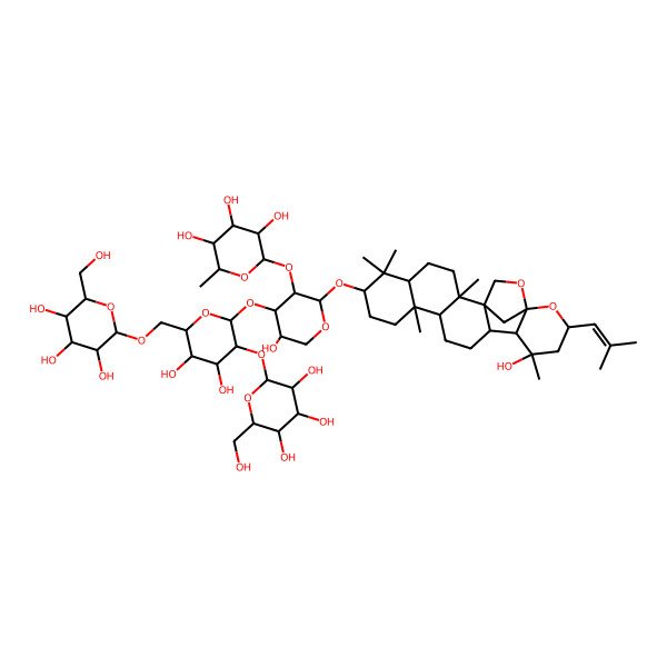 2D Structure of 2-[4-[4,5-Dihydroxy-3-[3,4,5-trihydroxy-6-(hydroxymethyl)oxan-2-yl]oxy-6-[[3,4,5-trihydroxy-6-(hydroxymethyl)oxan-2-yl]oxymethyl]oxan-2-yl]oxy-5-hydroxy-2-[[16-hydroxy-2,6,6,10,16-pentamethyl-18-(2-methylprop-1-enyl)-19,21-dioxahexacyclo[18.2.1.01,14.02,11.05,10.015,20]tricosan-7-yl]oxy]oxan-3-yl]oxy-6-methyloxane-3,4,5-triol