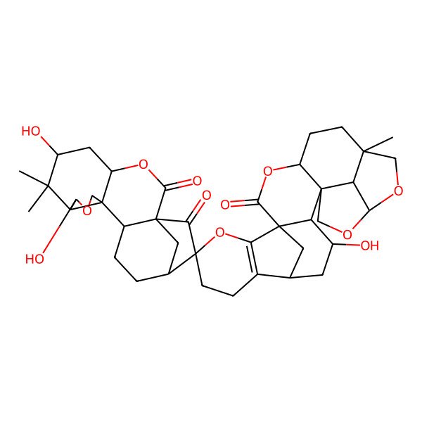 2D Structure of 6,9,15'-Trihydroxy-7,7,7'-trimethylspiro[3,10-dioxapentacyclo[14.2.1.01,13.04,12.08,12]nonadecane-17,21'-3,9,11,22-tetraoxaheptacyclo[15.6.1.17,10.01,14.04,13.018,23.013,25]pentacos-18(23)-ene]-2,2',18-trione