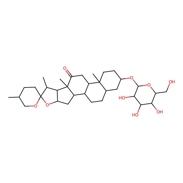 2D Structure of (1R,2S,4S,5'S,6R,7S,8R,9S,12S,13S,16S,18S)-5',7,9,13-tetramethyl-16-[(2R,3R,4S,5S,6R)-3,4,5-trihydroxy-6-(hydroxymethyl)oxan-2-yl]oxyspiro[5-oxapentacyclo[10.8.0.02,9.04,8.013,18]icosane-6,2'-oxane]-10-one