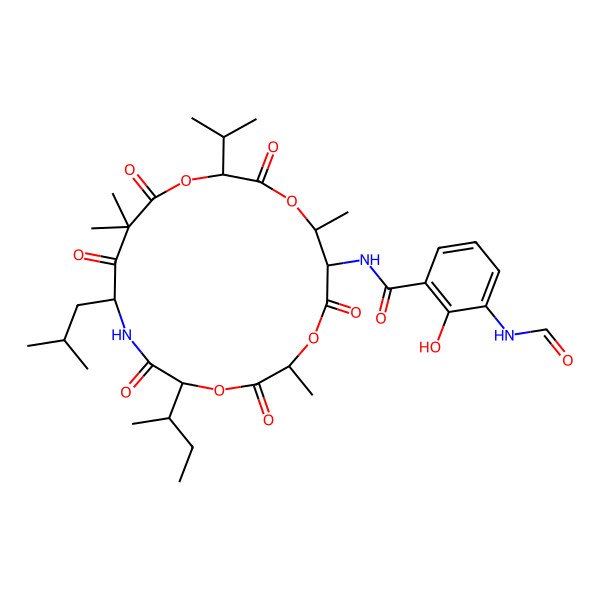 2D Structure of N-[5-butan-2-yl-2,10,10,16-tetramethyl-8-(2-methylpropyl)-3,6,9,11,14,18-hexaoxo-13-propan-2-yl-1,4,12,15-tetraoxa-7-azacyclooctadec-17-yl]-3-formamido-2-hydroxybenzamide