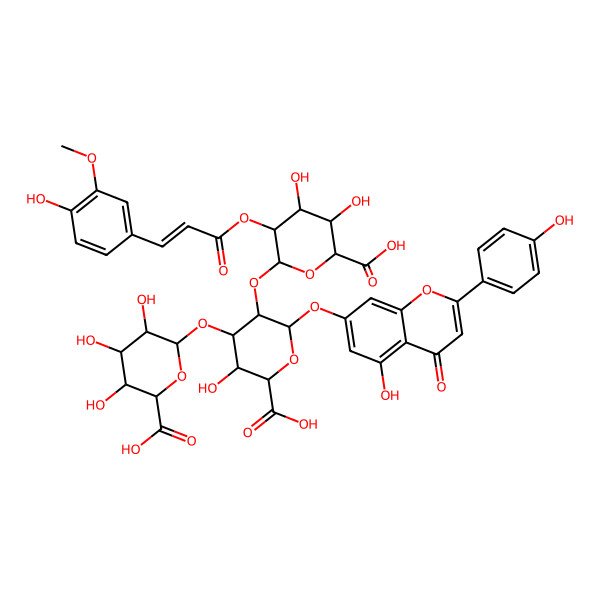 2D Structure of 6-[2-Carboxy-5-[6-carboxy-4,5-dihydroxy-3-[3-(4-hydroxy-3-methoxyphenyl)prop-2-enoyloxy]oxan-2-yl]oxy-3-hydroxy-6-[5-hydroxy-2-(4-hydroxyphenyl)-4-oxochromen-7-yl]oxyoxan-4-yl]oxy-3,4,5-trihydroxyoxane-2-carboxylic acid