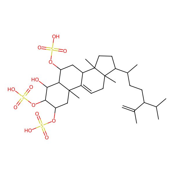 2D Structure of [(2S,3S,4R,5R,6S,8S,10S,13R,14S,17R)-4-hydroxy-10,13,14-trimethyl-17-[(2R)-6-methyl-5-propan-2-ylhept-6-en-2-yl]-2,3-disulfooxy-1,2,3,4,5,6,7,8,12,15,16,17-dodecahydrocyclopenta[a]phenanthren-6-yl] hydrogen sulfate