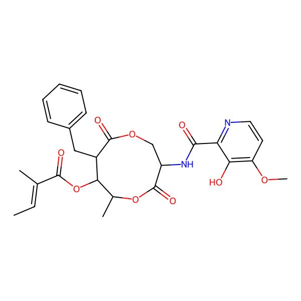 2D Structure of [(3S,6S,7R,8R)-8-benzyl-3-[(3-hydroxy-4-methoxypyridine-2-carbonyl)amino]-6-methyl-4,9-dioxo-1,5-dioxonan-7-yl] (E)-2-methylbut-2-enoate