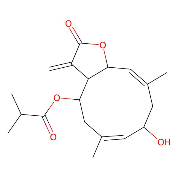 2D Structure of (8-Hydroxy-6,10-dimethyl-3-methylidene-2-oxo-3a,4,5,8,9,11a-hexahydrocyclodeca[b]furan-4-yl) 2-methylpropanoate