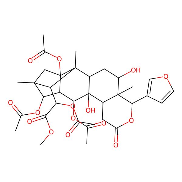 2D Structure of methyl (2S)-2-acetyloxy-2-[(1S,2R,4S,5S,6S,10R,11S,12R,13S,14R,15R,17S,18S)-12,14,17-triacetyloxy-6-(furan-3-yl)-4,11-dihydroxy-1,5,15-trimethyl-8-oxo-7-oxapentacyclo[13.2.1.02,11.05,10.013,17]octadecan-18-yl]acetate